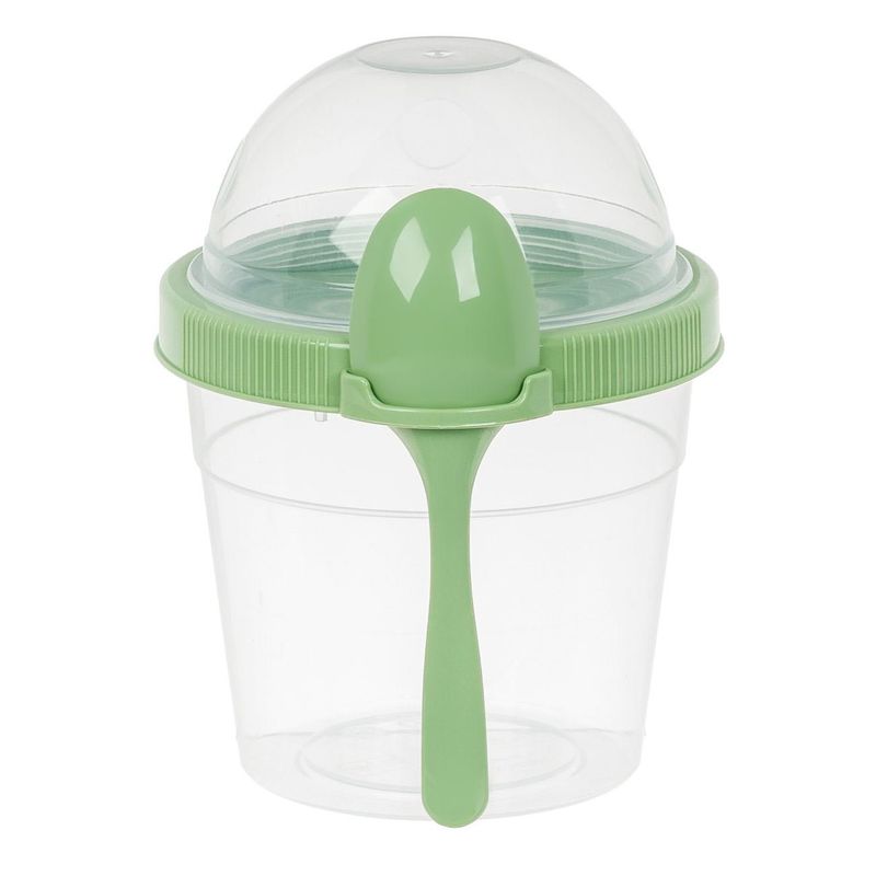 Casa si Gradina - Bucatarie si vesela - Organizare si depozitare bucatarie - Cutii alimentare - Caserola plastic, model take away snack, culoare verde menta,  0,5l, diametru 10cm, inaltime 14cm, lingura incorporata - Infinity.ro