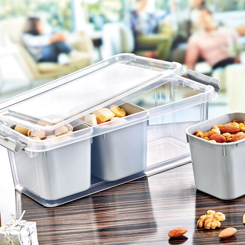 Casa si Gradina - Bucatarie si vesela - Organizare si depozitare bucatarie - Cutii alimentare - Set 3 caserole alimente, transparent, plastic, multicolor, capacitate 1.8l, potrivit pentru masina de spalat vase - Infinity.ro