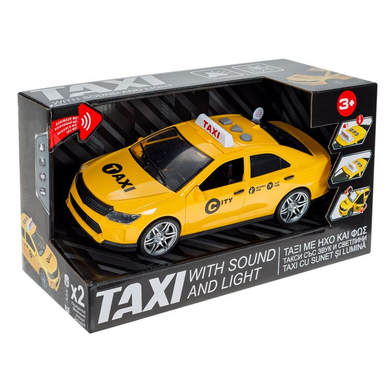Jucarii, Copii si Bebe/Jucarii si jocuri/Vehicule si jucarii cu telecomanda/Masinute - Masina jucarie, model taxi, culoare galbena, lumini si sunete, usi rabatabile, functionare pe baterii - Infinity.ro