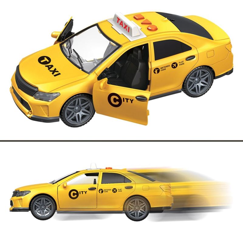 Jucarii, Copii si Bebe/Jucarii si jocuri/Vehicule si jucarii cu telecomanda/Masinute - Masina jucarie, model taxi, culoare galbena, lumini si sunete, usi rabatabile, functionare pe baterii - Infinity.ro
