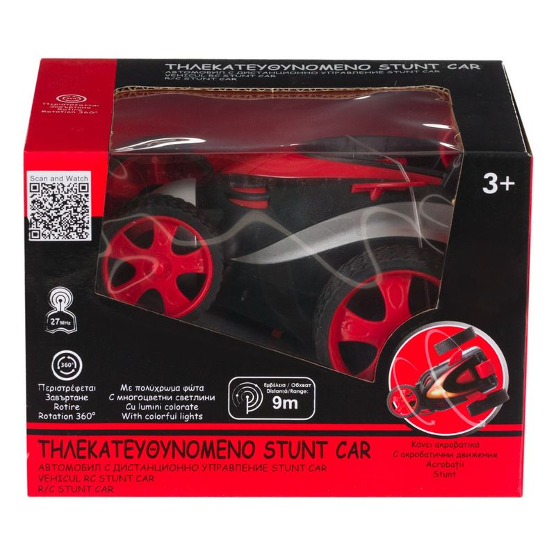 Jucarii, Copii si Bebe/Jucarii si jocuri/Vehicule si jucarii cu telecomanda/Masinute - Masina cu telecomanda, stunt 360°, r/c, rotire 360°, lumini colorate, raza 9m, rosu negru - Infinity.ro