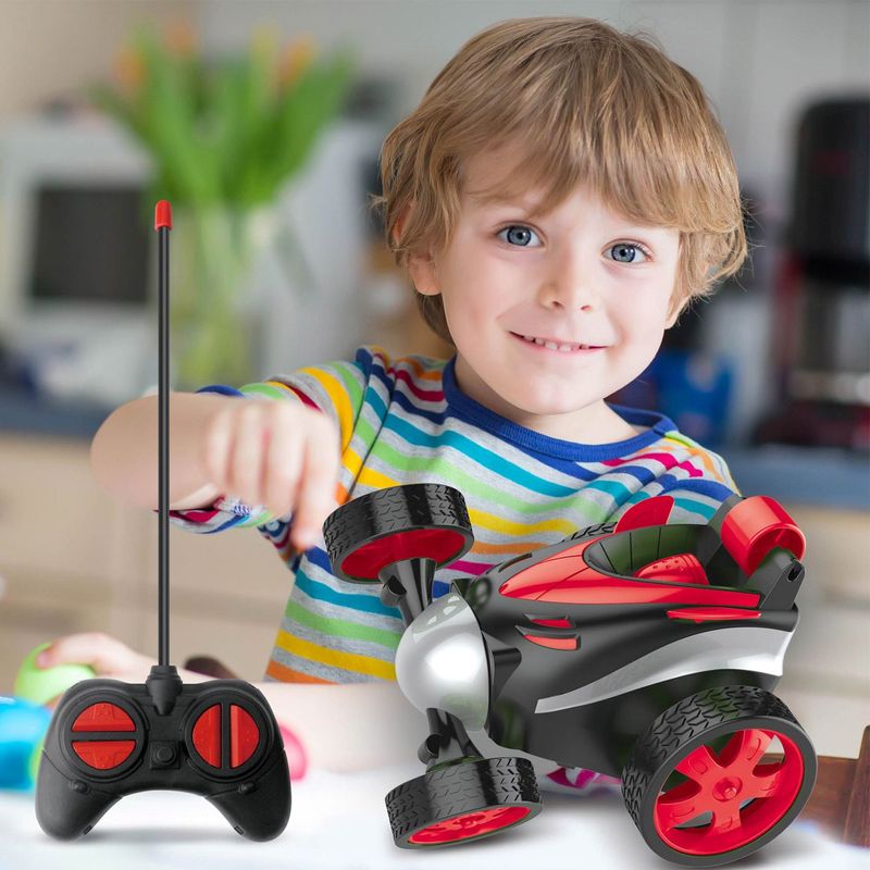 Jucarii, Copii si Bebe/Jucarii si jocuri/Vehicule si jucarii cu telecomanda/Masinute - Masina cu telecomanda, stunt 360°, r/c, rotire 360°, lumini colorate, raza 9m, rosu negru - Infinity.ro