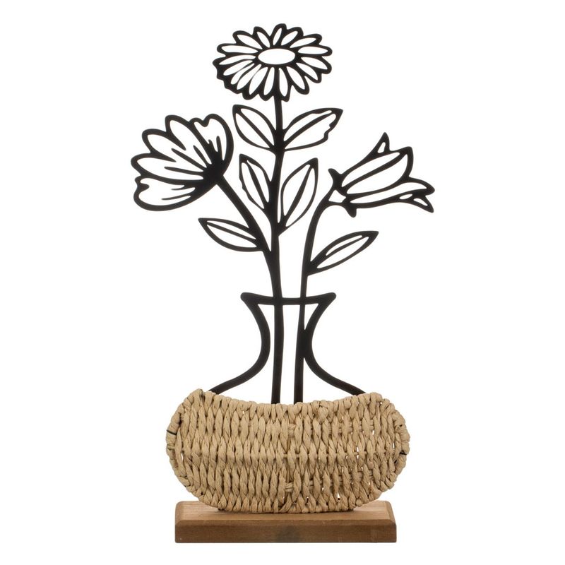 Casa si Gradina - Decoratiuni - Obiecte decorative - Vaze si boluri decorative - Vaza decorativa, model floral decupat, baza paie naturala, negru/bej, 20x 35 x 6cm - Infinity.ro