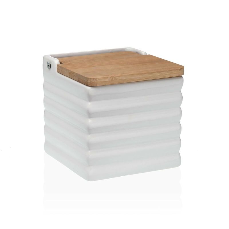 Casa si Gradina - Bucatarie si vesela - Organizare si depozitare bucatarie - Cutii alimentare - Solnita cu capac Versa Dungi Alb Ceramica Bambus Dolomite 11 x 11 x 11 cm - Infinity.ro