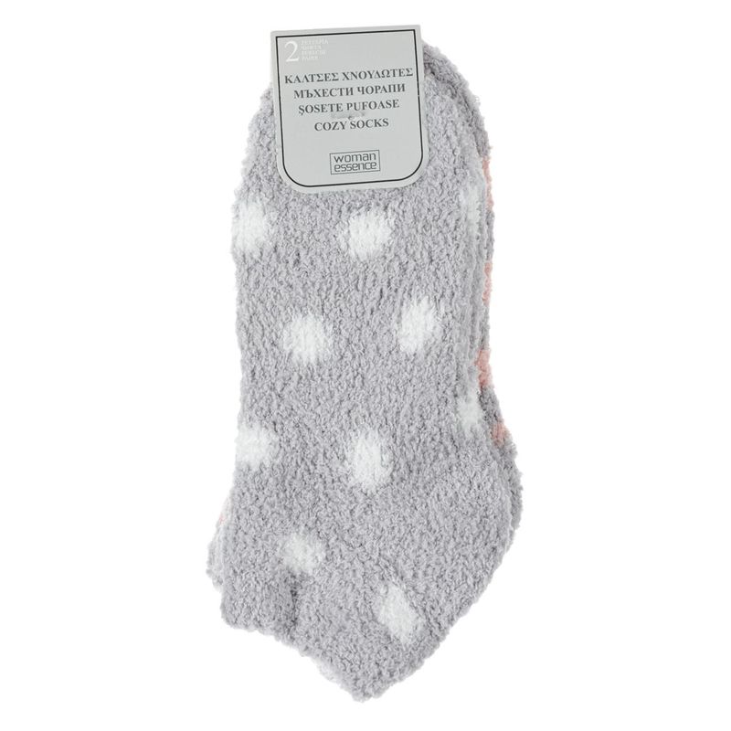 Fashion, accesorii si bijuterii - Femei - Lenjerie si pijamale femei - Sosete si ciorapi femei - Sosete dama, model pufoase, set 2 perechi, culoare gri cu dungi si buline - Infinity.ro