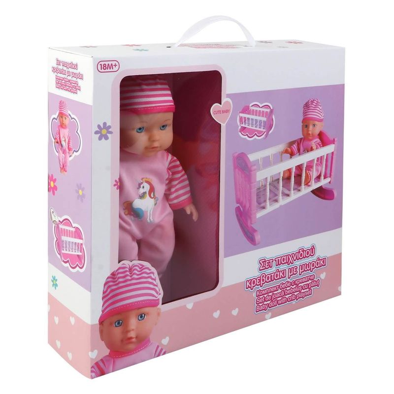 Jucarii, Copii si Bebe - Jucarii si jocuri - Papusi si accesorii - Papusi - Set joaca bebelus, baby doll, 30 cm, roz, patut inclinat - Infinity.ro