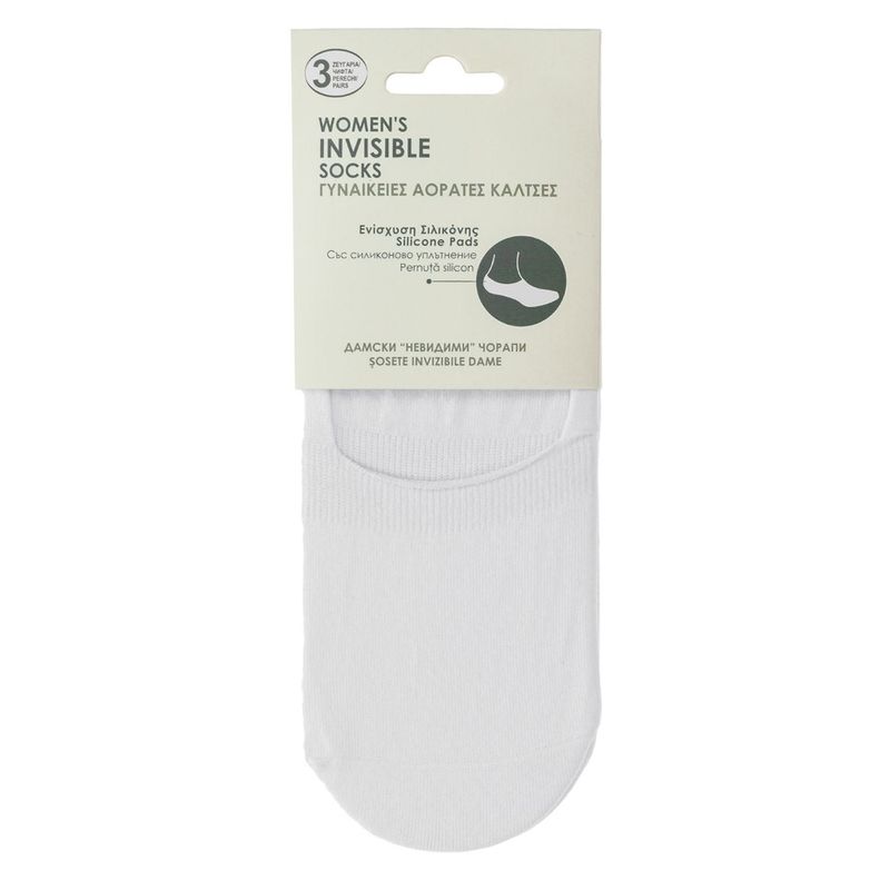 Fashion, accesorii si bijuterii - Femei - Lenjerie si pijamale femei - Sosete si ciorapi femei - Sosete invizibile femei, set 3 perechi, albe, plasa racoritoare, intaritura silicon, marime invizibila prin pantofi - Infinity.ro