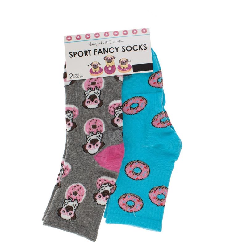 Fashion, accesorii si bijuterii - Femei - Lenjerie si pijamale femei - Sosete si ciorapi femei - Sosete sport fancy, quart, set 2 perechi, imprimeu donuts si pugs, turcoaz si gri, femei - Infinity.ro