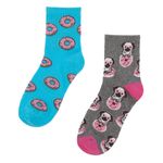 Fashion, accesorii si bijuterii - Femei - Lenjerie si pijamale femei - Sosete si ciorapi femei - Sosete sport fancy, quart, set 2 perechi, imprimeu donuts si pugs, turcoaz si gri, femei - Infinity.ro