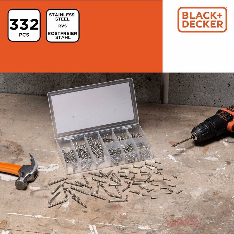 Casa si Gradina - Constructii - Feronerie si accesorii - Suruburi, dibluri si accesorii uz general - Set de suruburi Black & Decker Phillips Lemn 332 Piese - Infinity.ro