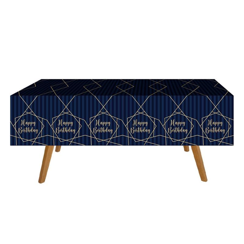 Casa si Gradina - Textile si covoare - Textile bucatarie - Fete de masa - Fata de masa petrecere plastic, model happy birthday, culoare albastru auriu, dimensiuni 180x 120cm, 1 bucata - Infinity.ro