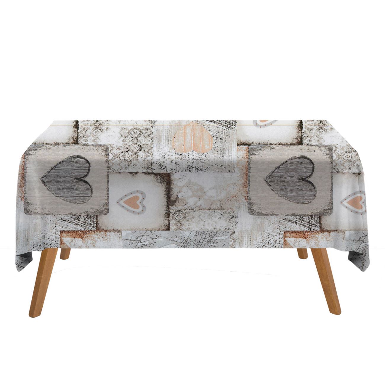 Fata de masa textila, model inimi, bej/gri, 180x 140cm, 70% bumbac, 30% poliester