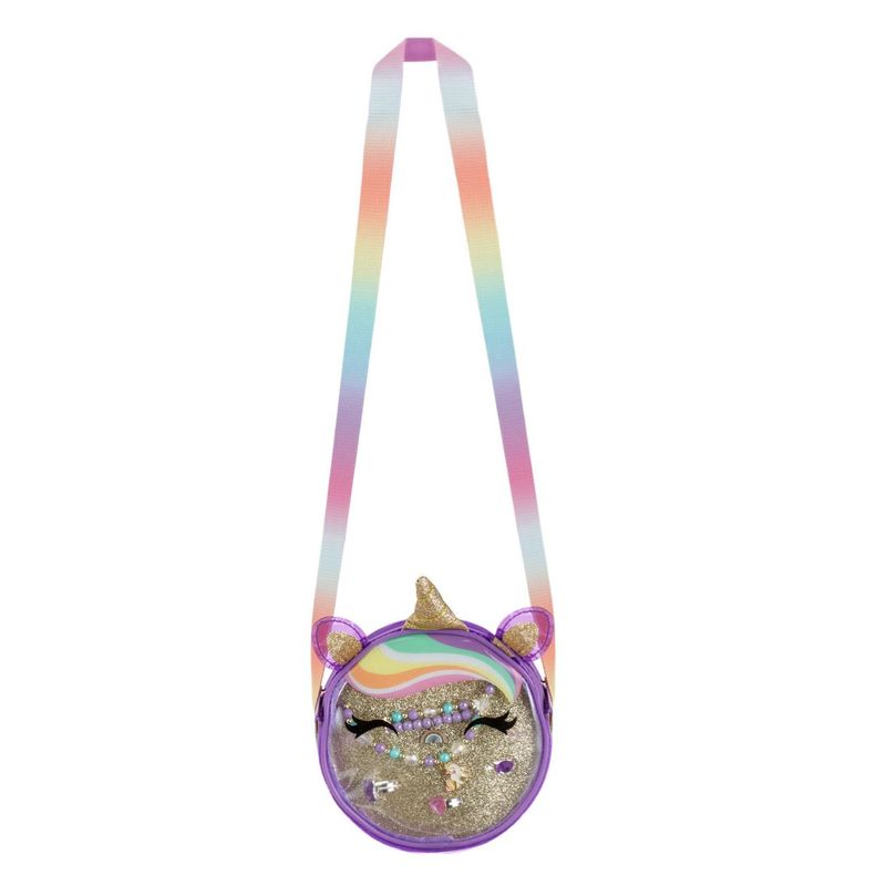 Fashion, accesorii si bijuterii - Copii - Accesorii copii - Bijuterii si ceasuri copii - Set bijuterii unicorn, 6 piese, geanta transparenta multicolor, diametru 13.5 cm, inaltime 4 cm - Infinity.ro