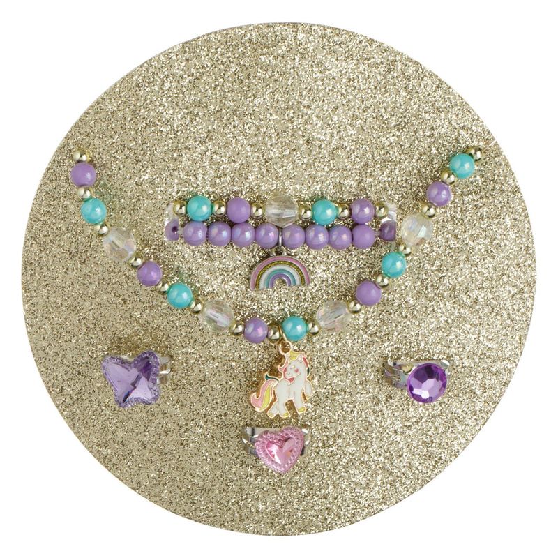 Fashion, accesorii si bijuterii - Copii - Accesorii copii - Bijuterii si ceasuri copii - Set bijuterii unicorn, 6 piese, geanta transparenta multicolor, diametru 13.5 cm, inaltime 4 cm - Infinity.ro