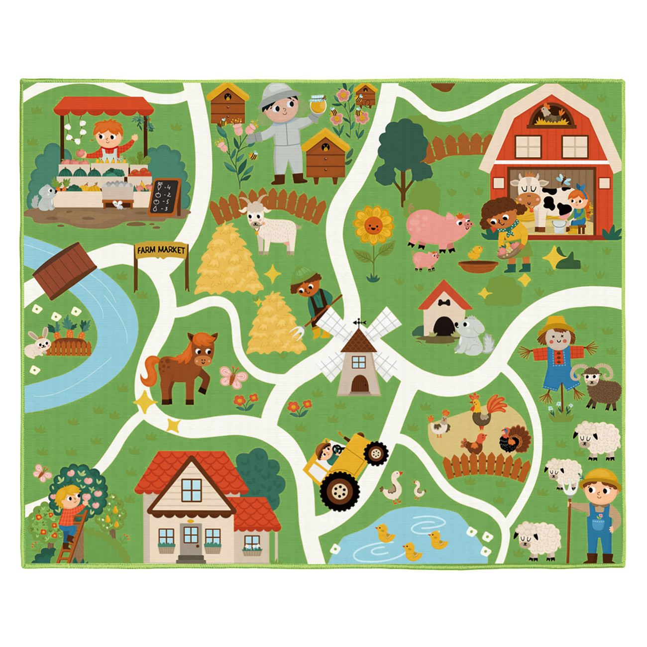 Covor decorativ copii, model ferma, antiderapant, verde, 160x 130cm