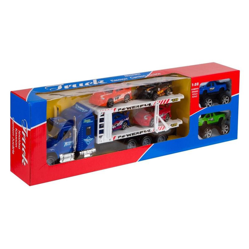 Jucarii, Copii si Bebe - Jucarii si jocuri - Vehicule si jucarii cu telecomanda - Utilaje constructie de jucarie - Set camion transportator curse, model 1:32, multicolor, 6 vehicule, plastic - Infinity.ro