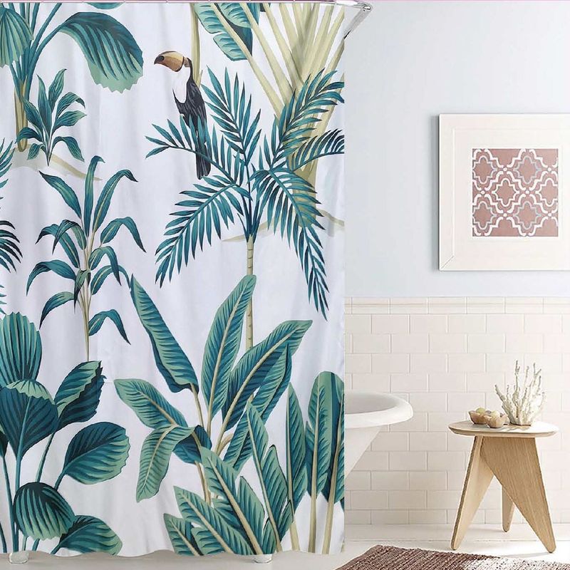 Casa si Gradina - Textile si covoare - Perdele si draperii - Perdele - Perdea dus poliester, alb cu frunze verzi tropicale, 180x 180cm, 12 inele incluse - Infinity.ro