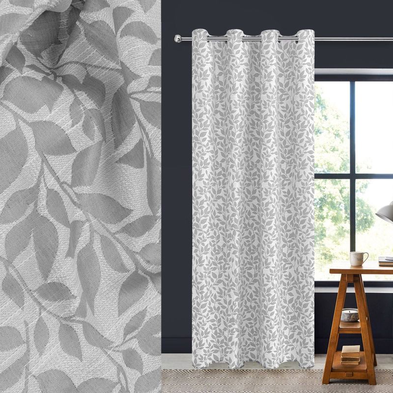 Casa si Gradina - Textile si covoare - Perdele si draperii - Perdele - Perdea decorativa, model frunze reliefate, inele, culoare gri, dimensiuni 140x 260cm, poliester - Infinity.ro