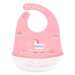 Jucarii, Copii si Bebe - Hrana si alaptare - Biberoane, suzete si accesorii hranire - Articole hranire bebelusi - Baveta silicon, unicorn, roz/alb, pentru fete, mesaj "believe in unicorns", 28 x 23 cm - Infinity.ro