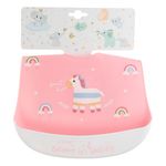 Jucarii, Copii si Bebe - Hrana si alaptare - Biberoane, suzete si accesorii hranire - Articole hranire bebelusi - Baveta silicon, unicorn, roz/alb, pentru fete, mesaj "believe in unicorns", 28 x 23 cm - Infinity.ro