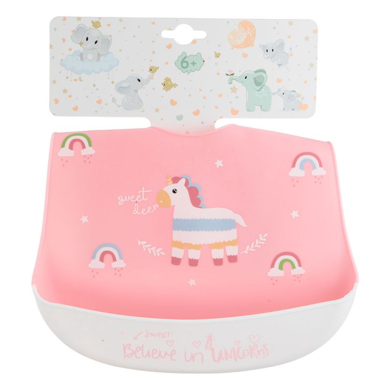 Jucarii, Copii si Bebe - Hrana si alaptare - Biberoane, suzete si accesorii hranire - Articole hranire bebelusi - Baveta silicon, unicorn, roz/alb, pentru fete, mesaj "believe in unicorns", 28 x 23 cm - Infinity.ro