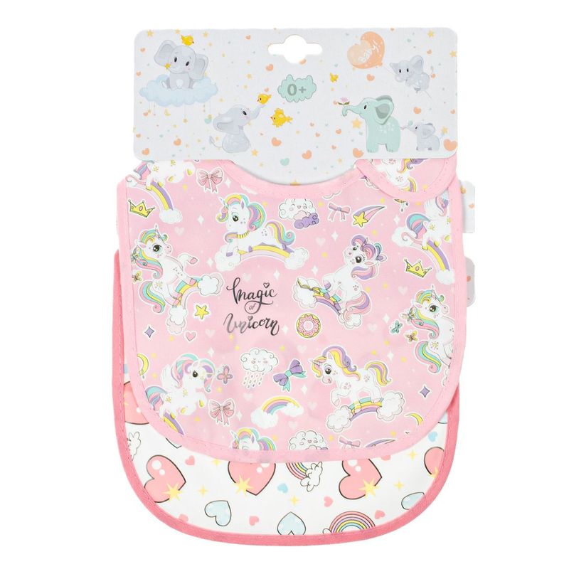 Jucarii, Copii si Bebe - Hrana si alaptare - Biberoane, suzete si accesorii hranire - Articole hranire bebelusi - Set bavete copii, model unicorn, roz/alb, poliester, 18 x 22 cm, 2 bucati - Infinity.ro