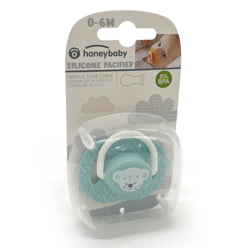 Jucarii, Copii si Bebe - Hrana si alaptare - Biberoane, suzete si accesorii hranire - Suzete si accesorii - Suzeta silicon honey baby, ursulet, verde deschis, 0-6 luni, cutie sterilizare - Infinity.ro