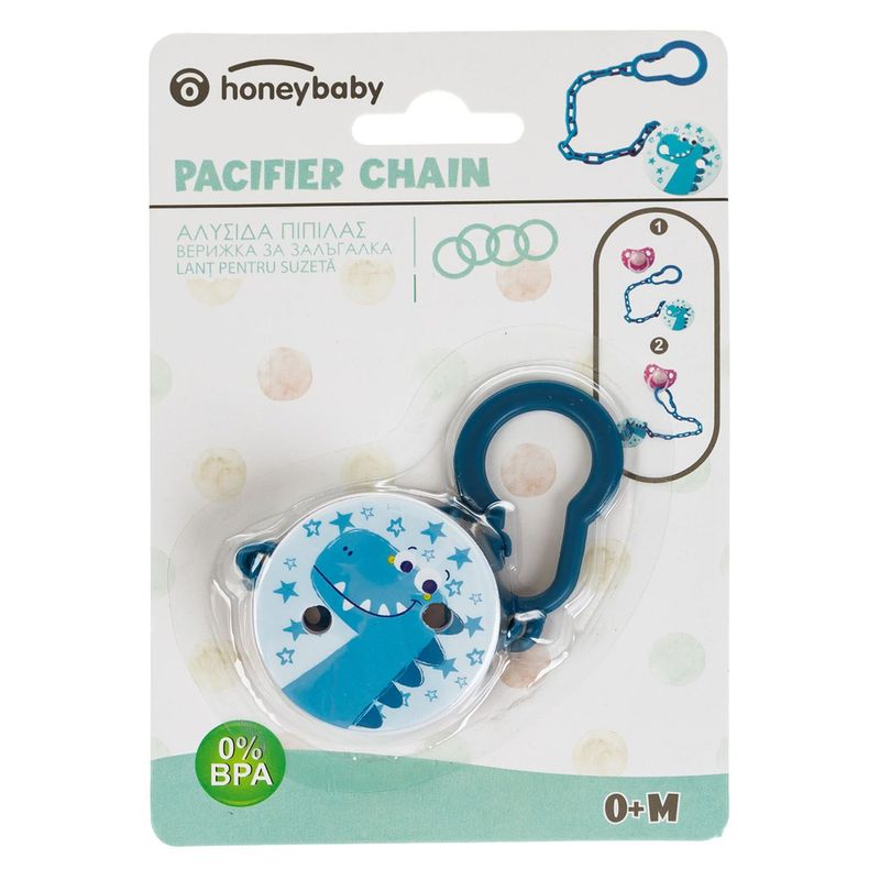 Jucarii, Copii si Bebe - Hrana si alaptare - Biberoane, suzete si accesorii hranire - Suzete si accesorii - Lant suzeta honeybaby dinozaur, plastic, albastru, 24 cm - Infinity.ro