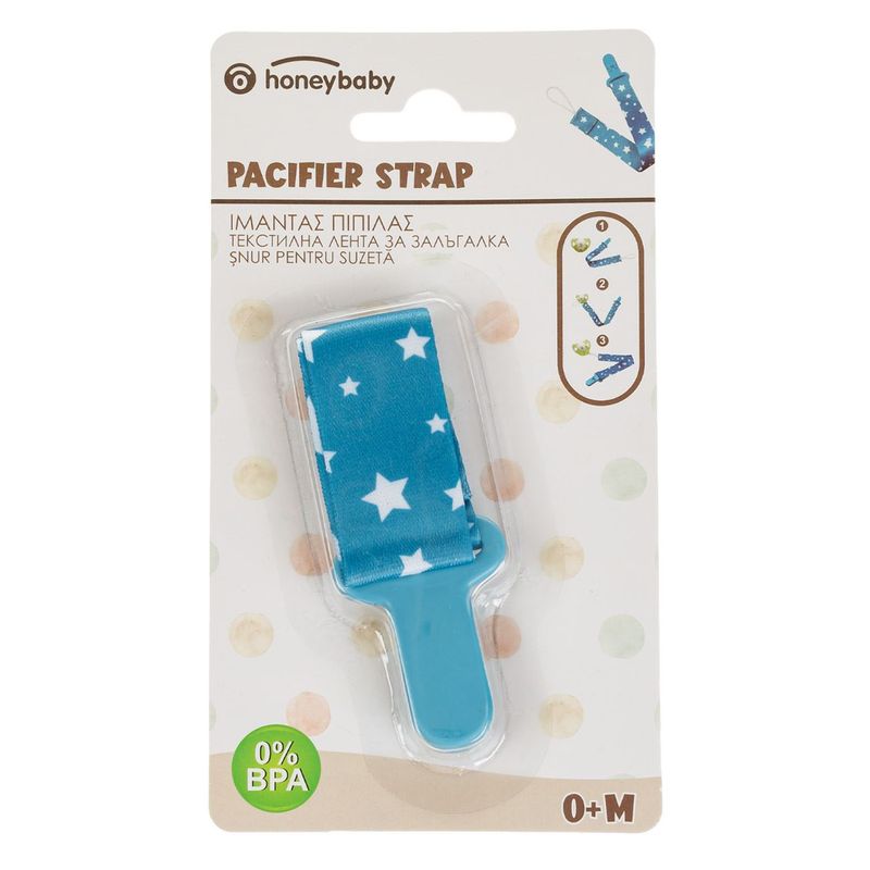 Jucarii, Copii si Bebe - Hrana si alaptare - Biberoane, suzete si accesorii hranire - Suzete si accesorii - Curea suzeta honeybaby, stele, albastru, 23.5cm, 0% bpa - Infinity.ro