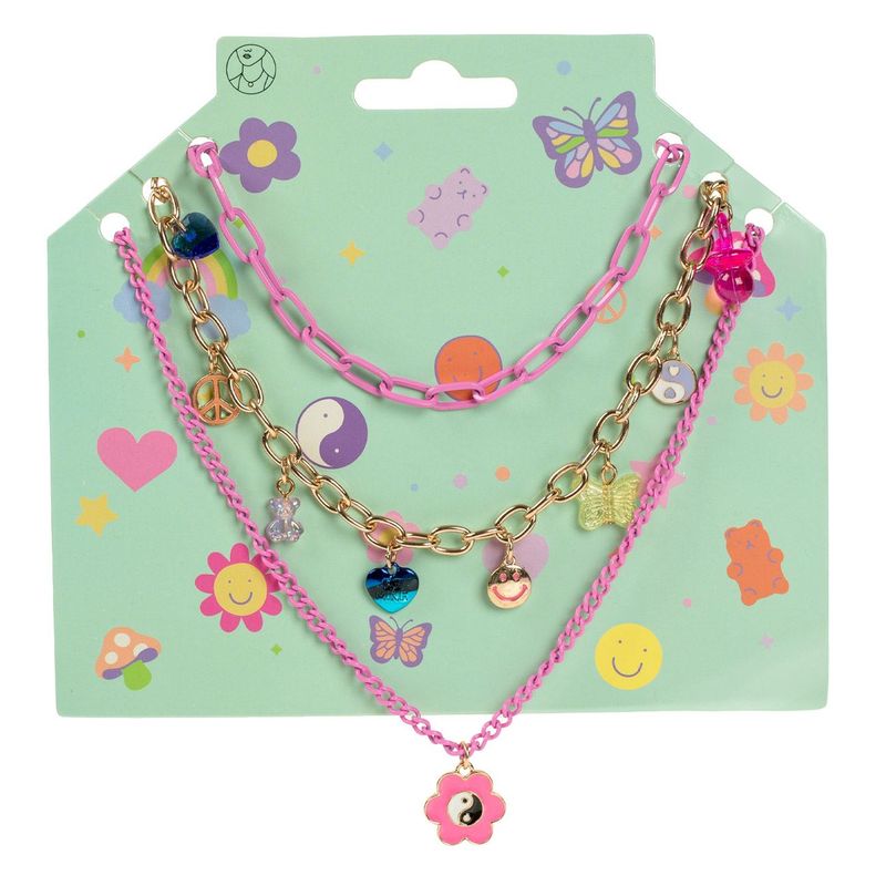 Jucarii, Copii si Bebe - Jucarii si jocuri - Jucarii de rol - Frumusete, bijuterii si accesorii fetite - Colier copii, triple pandantive, culori roz si auriu, flori si fluturi - Infinity.ro