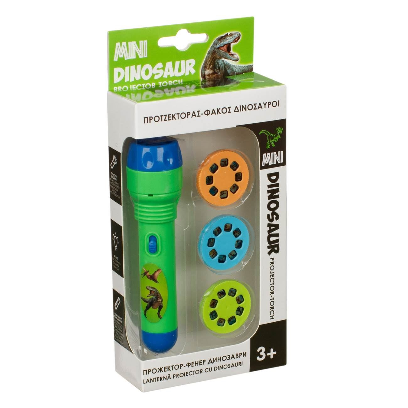 Lanterna proiector dinozaur, verde, 3 diapozitive, baterii incluse