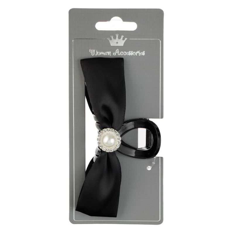 Fashion, accesorii si bijuterii - Femei - Accesorii femei - Accesorii pentru par femei - Clama par, funda satinata, margea strass, negru, 11cm, poliester - Infinity.ro