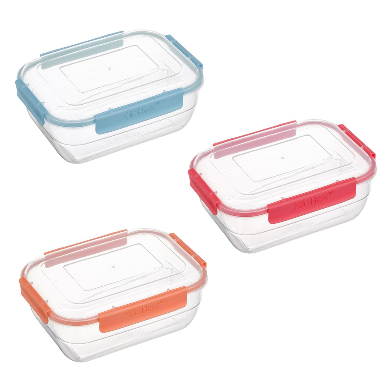 Set caserole alimente, klicbox, capac transparent, multicolor, capacitate 1300/2200/3460ml, 3 bucati
