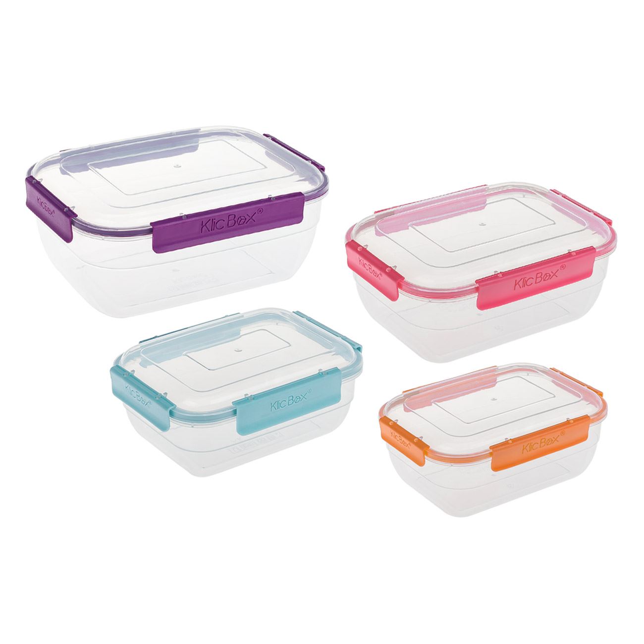 Caserole alimente klicbox, set 4 bucati, capac multicolor, capacitate 350/750/1320/2200ml, transparent, plastic