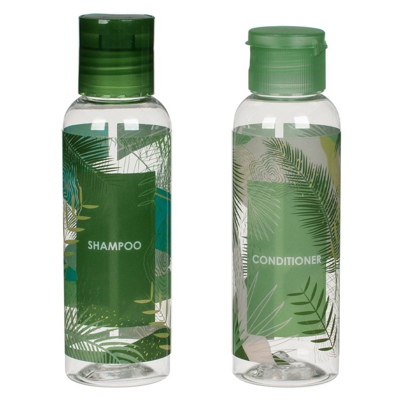 Sport si Outdoor - Articole de voiaj - Accesorii articole de voiaj - Set sticle calatorie, model frunze tropicale, capacitate 100ml, 2 bucati, transparent - Infinity.ro