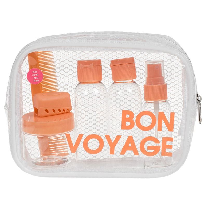 Sport si Outdoor - Articole de voiaj - Accesorii articole de voiaj - Set sticle calatorie, model bon voyage, capacitate 60ml si 30ml, cu perie si pieptene, transparent, 6 bucati - Infinity.ro