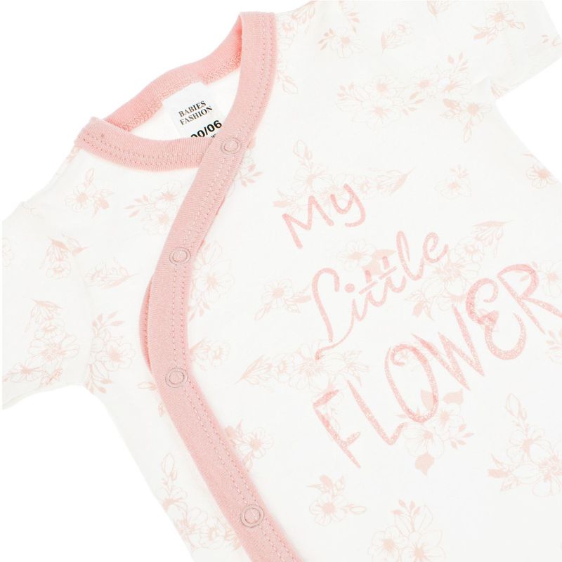 Fashion, accesorii si bijuterii - Copii - Imbracaminte copii - Body-uri copii - Body bebelusi, model "my little flower", bumbac, alb cu flori roz, maneci scurte, 0-6 luni - Infinity.ro