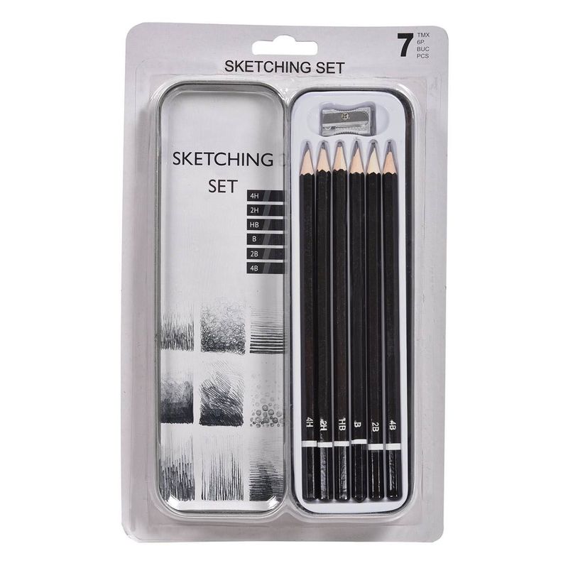 Carti si Birotica - Birotica - Instrumente de scris - Accesorii instrumente de scris - Set creioane schita, 7 bucati, culori negru si gri, penar metalic, diverse durete - Infinity.ro