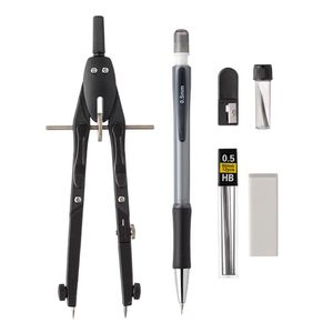 Set instrumente geometrie, 6 piese, compas metalic cu rotita, creion mecanic, negru