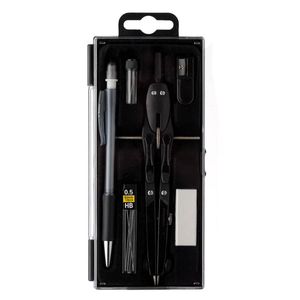 Set instrumente geometrie, 6 piese, compas metalic cu rotita, creion mecanic, negru