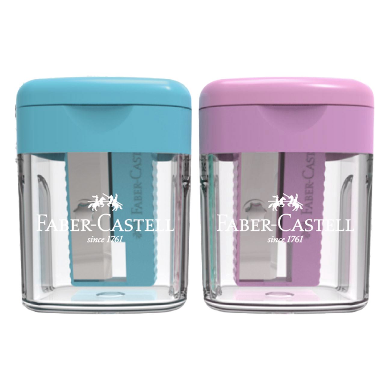 Set ascutitori faber castell, mini, culori bleu si roz, dimensiuni 2.5 x 2.2 x 3.5cm, 2 bucati