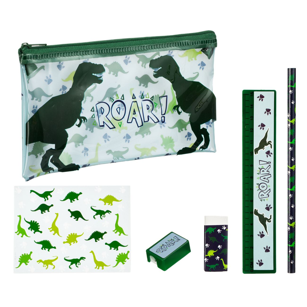 Set scolar, model dinozaur, 6 bucati, multicolor, cu penar transparent