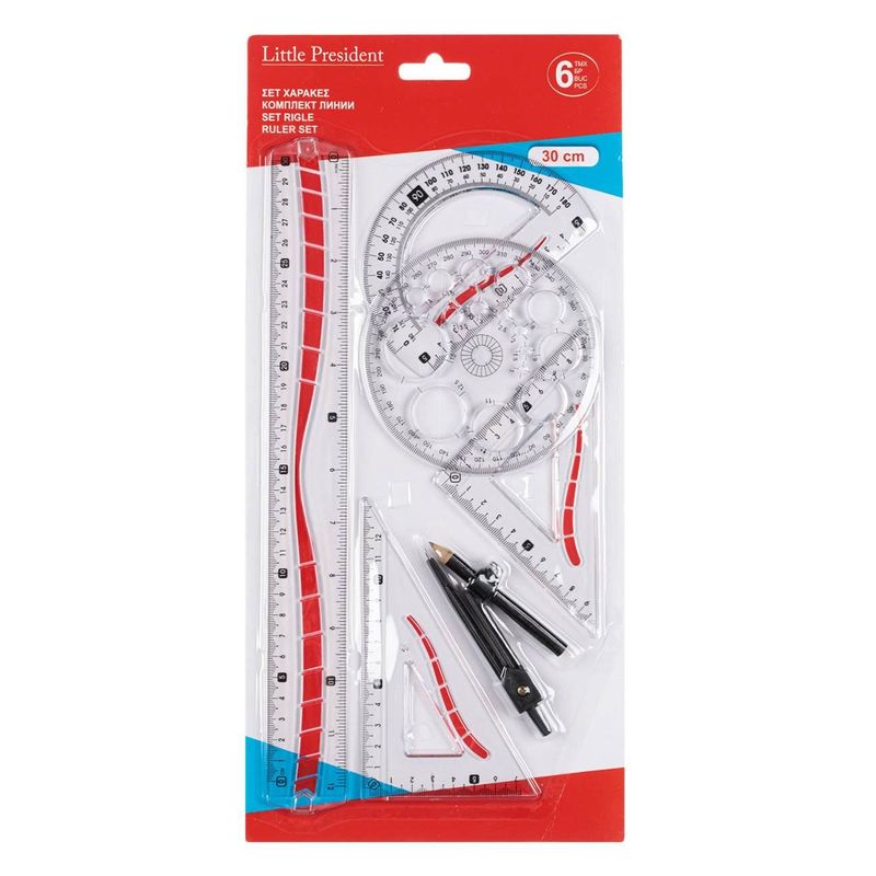 Carti si Birotica - Rechizite - Instrumente geometrice - Set geometrie, little president, rigle transparente model rosu, 6 piese - Infinity.ro