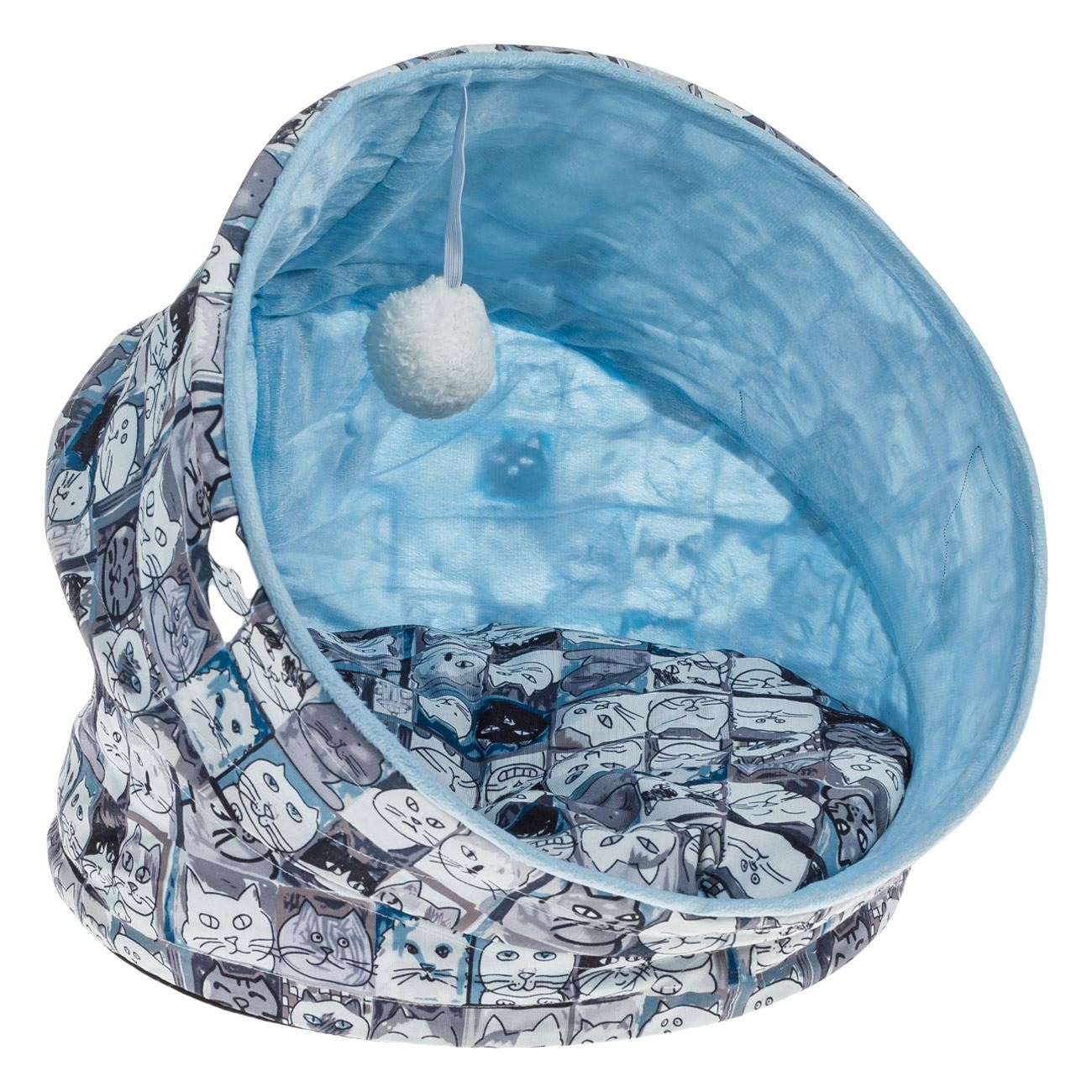 Pat rotund pisici, model figuri de pisici, perna moale, gri bleu, 40x 40cm, bila suspendata