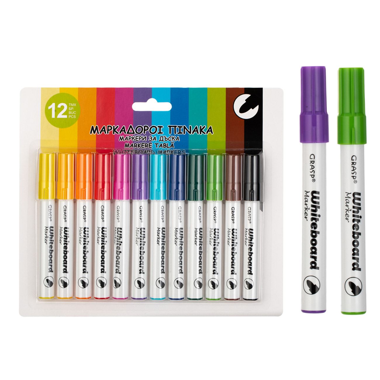 Set markere whiteboard, grasp, varf subtire, multicolor, 12 bucati