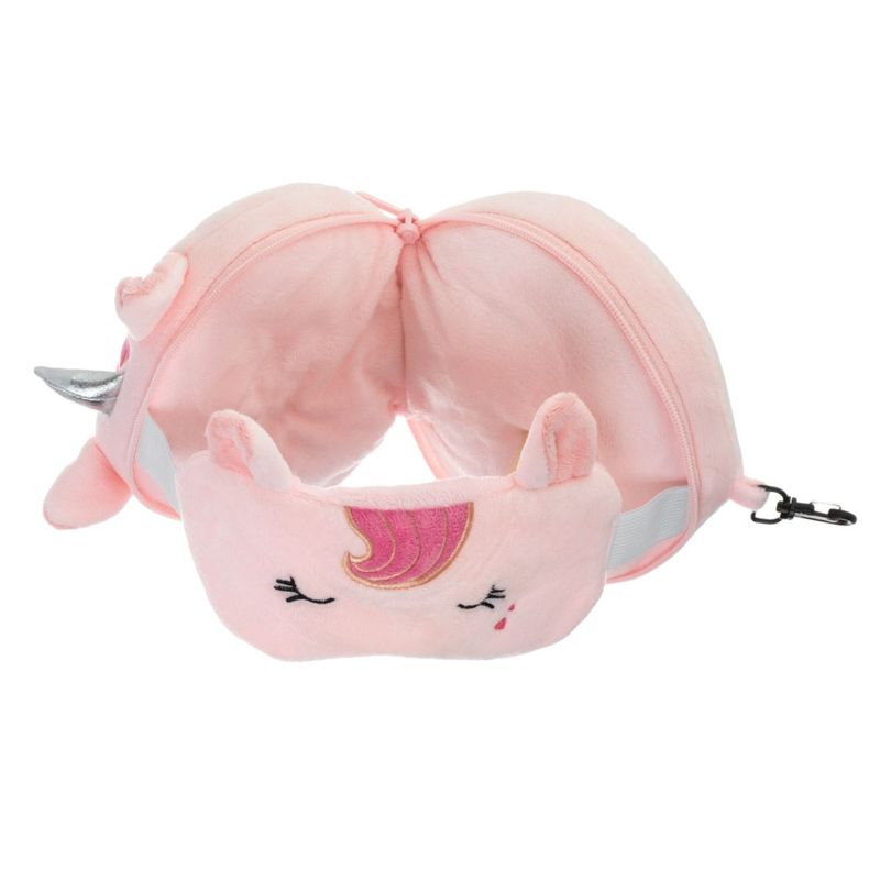 Sport si Outdoor - Articole de voiaj - Accesorii articole de voiaj - Set perna de calatorie si masca de somn, forma unicorn, roz - Infinity.ro