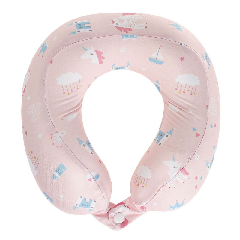 Sport si Outdoor - Articole de voiaj - Accesorii articole de voiaj - Perna calatorie copii, memory foam, roz, model unicorni, 22 x 22 x 8cm - Infinity.ro
