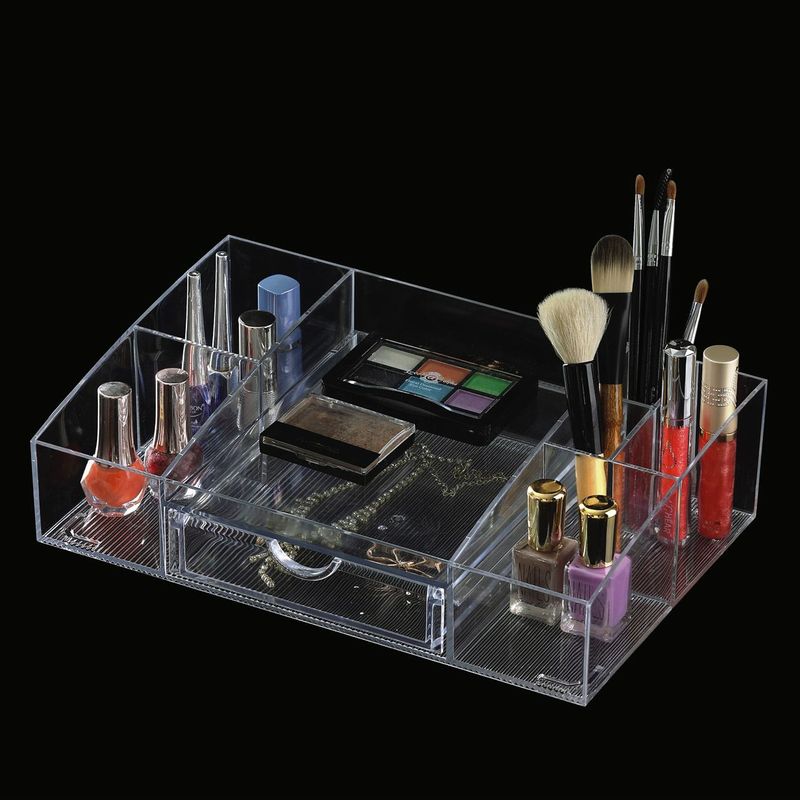 Ingrijire personala si Cosmetice - Machiaj - Portfarduri si genti cosmetice - Suport acrilic cosmetice, transparent, 33 x 21 x 9cm, 7 compartimente, sertar anti-alunecare - Infinity.ro