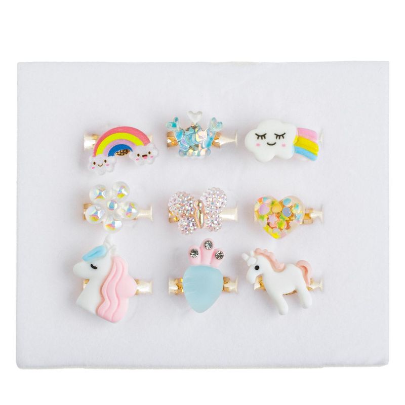 Fashion, accesorii si bijuterii - Copii - Accesorii copii - Bijuterii si ceasuri copii - Set inele, model unicorn, 9 bucati, multicolor, cutie roz pudra pentru copii - Infinity.ro