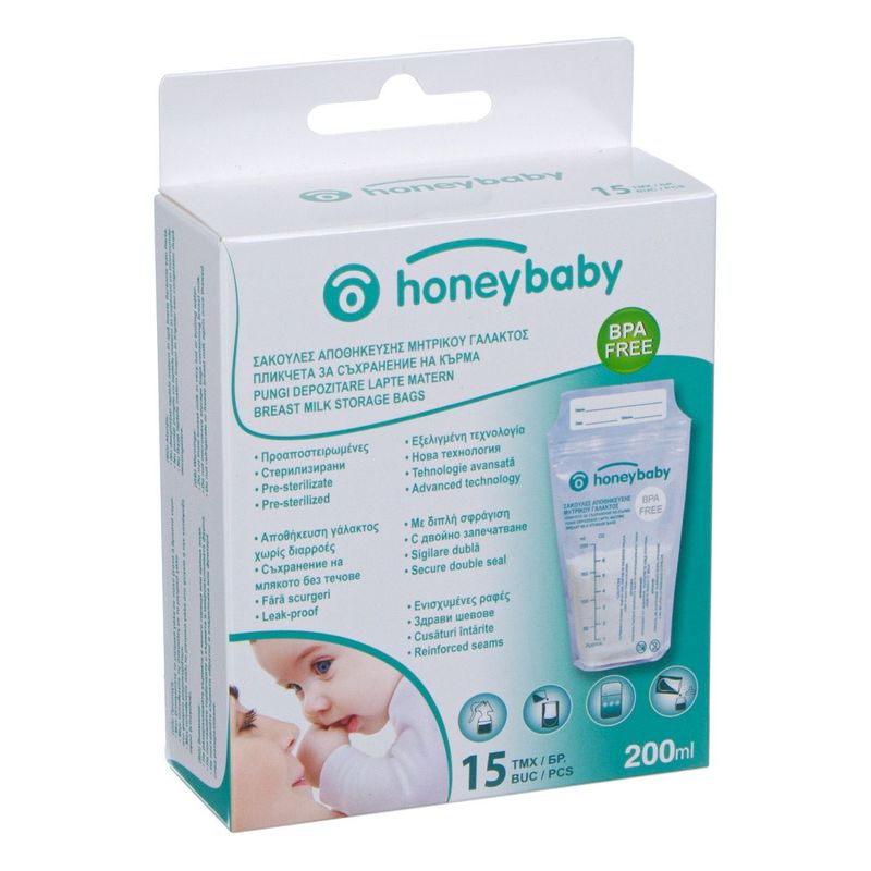 Jucarii, Copii si Bebe - Maternitate - Accesorii alaptare - Pungi depozitare lapte matern, honey baby, capacitate 200ml, set 15 bucati, fara bpa - Infinity.ro